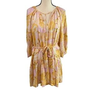 MINKPINK Yellow Flowy Belted Waist Floral Midi Dress Size Small Pink Yellow
